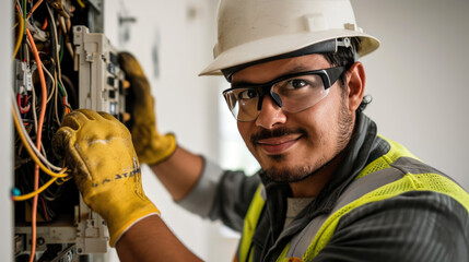 A professional electrician is smiling while working on a complex electrical panel