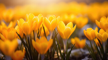 Close-up of vibrant yellow crocus flowers basking in the warm, soft light of the sun, symbolizing...