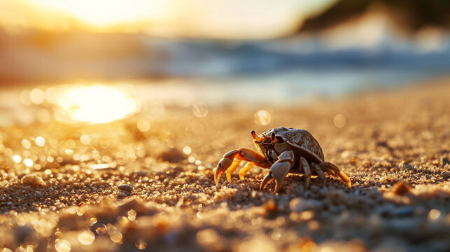 砂浜の夕日の背景に小さなヤドカリ、かわいい海洋野生生物の明るい色GenerativeAI