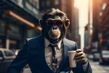 business monkey in suit on city street , Generative AI