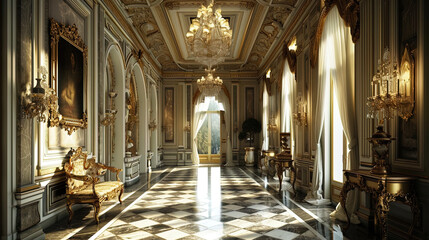 Fototapeta na wymiar Elegant hall with a backlight emphasizing the exquisite decor