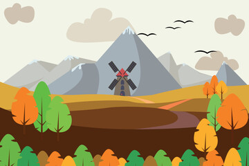 Vector landscape. A mountain range covered with snow and an autumn forest at the foot of the mountains.