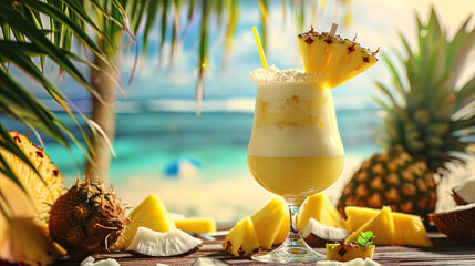 Pina Kolada cocktail with coconut milk and pineapple juice, decorated with an umbrella against the - obrazy, fototapety, plakaty