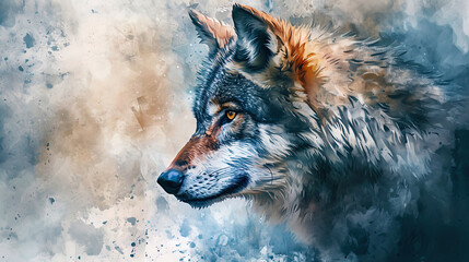 Portrait of a watercolor predatory wolf with sharp features and fur, like a gray forest spirit
