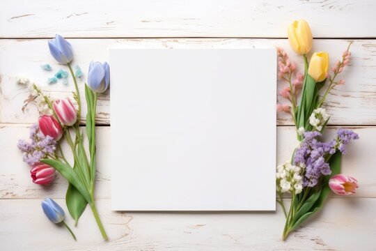 flowers on a light wooden plank background. tulips. a place for the text. Spring is coming