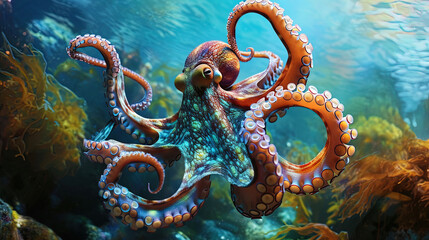 The octopus, like a living rainbow, soars over the bottom of the ocean, reviving the underwater wo - obrazy, fototapety, plakaty
