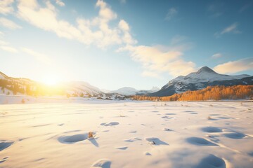 untouched snowfield bathed in golden light