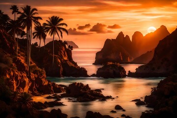 A dramatic sunset casting a warm glow over a tranquil bay, with silhouettes of palm trees and rugged cliffs on the horizon.