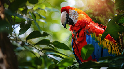 The parrot in bright plumage, peering out of the green foliage of the jungle, creates pictures of