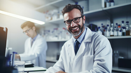 Happy male scientist with a beard and glasses is working on a computer in a modern laboratory