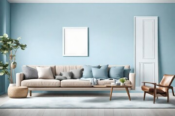 A tranquil living room scene captured in HD, showcasing a blank frame on a pastel blue wall, with simple and stylish furniture in various shades.