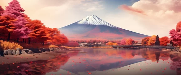 Foto op Canvas Tranquil autumn scene of Mount Fuji and red maple trees by the lake © duyina1990