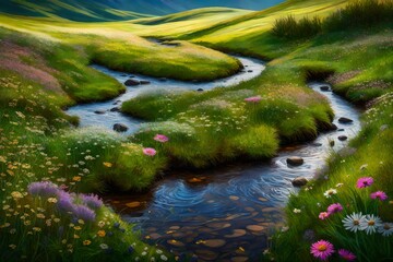 A babbling brook winding its way through a meadow, lined with vibrant green grass and wildflowers.