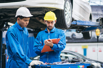 Automotive mechanic discussing on car damage checklist with assistant at auto garage shop....