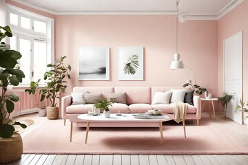 Naklejka na ściany i meble A bright and airy living room with a white frame on a soft pink wall, showcasing a clean and elegant interior with simple furniture.