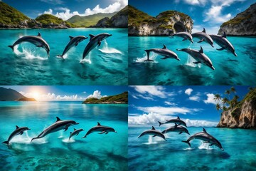 A group of dolphins leaping joyfully in the crystal-clear waters surrounding the island, framed by a picturesque seascape.
