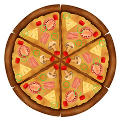 pizza, food, cheese, italian, vector, illustration, meal, tomato, slice, pizzeria, dinner, isolated, lunch, pepper, tasty, snack, restaurant, pepperoni, delicious, hot, crust, fast, salami, mozzarella