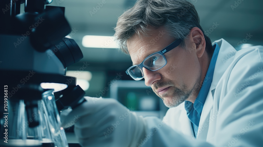 Poster scientist using a microscope in a laboratory setting