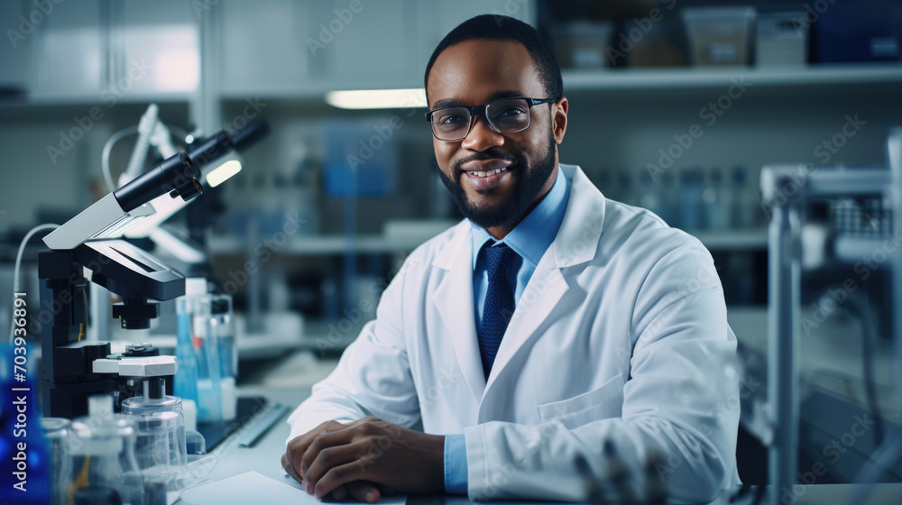 Poster scientist using a microscope in a laboratory setting