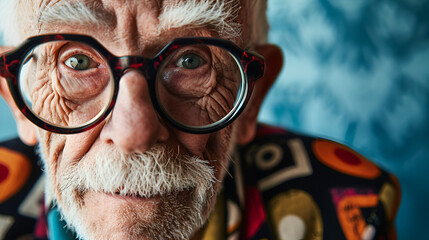 a closeup portrait of an elderly exclectic man wearing eclectiv clothes, big 60s glasses