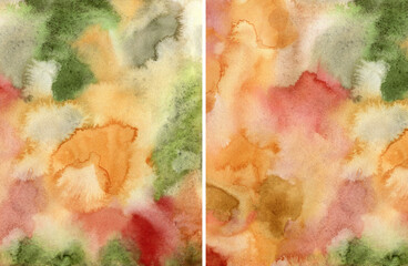 Watercolor abstract textures of red, yellow and green spots. Hand painted pastel illustration isolated on white background. For design, print, fabric or background.