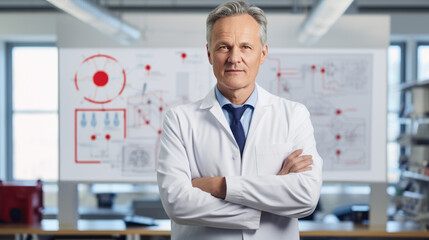 Senior medical professional with white hair, wearing a lab coat standing confidently in front of a poster displaying scientific charts and data.