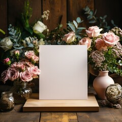 Small blank sign on stand on a wedding table.