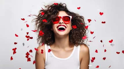 Gartenposter Woman with curly hair and sunglasses, surrounded by red rose petal confetti against a light blue background © MP Studio