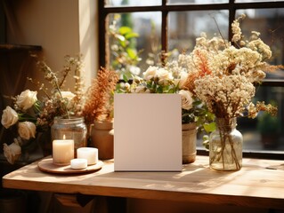 Small blank sign on stand on a wedding table.