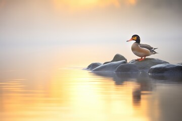 mallard duck on misty lake at sunrise