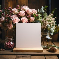 Small blank sign on stand on a wedding table.