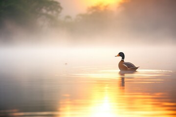 mallard duck on misty lake at sunrise - obrazy, fototapety, plakaty
