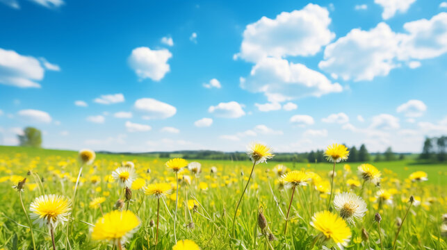 Beautiful meadow field with fresh grass and yellow dandelion flowers in nature against a blurry blue sky with clouds, Ai generated image