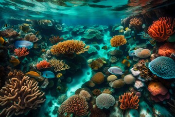 Fototapeta na wymiar A vibrant coral reef beneath clear turquoise waters, showcasing a kaleidoscope of marine life in their natural habitat.