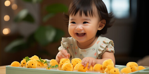 Satisfied asian child before eating in the kitchen