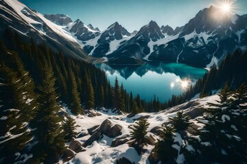 A snowy mountain peak surrounded by dense pine forests, with a pristine alpine lake below.