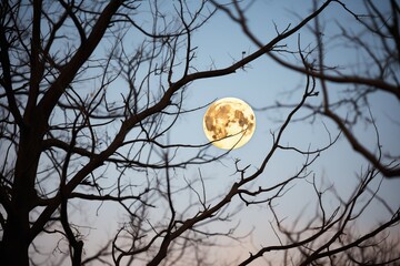 full moon behind silhouetted tree branches