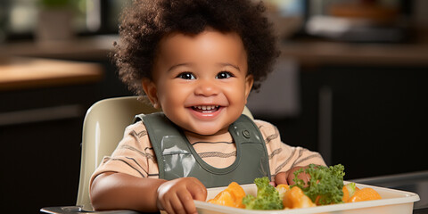 Happy African American baby about to eat in the kitchen, Generative AI