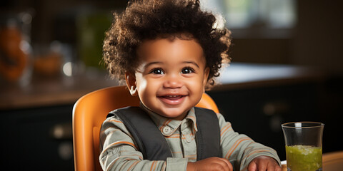 Happy African American baby about to eat in the kitchen, Generative AI