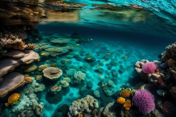 A hidden cove with crystal-clear water,  a vibrant underwater world with coral gardens and exotic fish.
