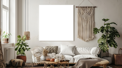 Bohemian Design, Minimalist square boho art decor, Mockup poster in the living room, blank white canva on the wall. Transparent mockup.