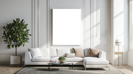 Bohemian Design, Minimalist square boho art decor, Mockup poster in the living room, blank white canva on the wall. Transparent mockup.