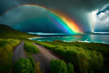 A vibrant rainbow stretching across the sky after a passing rainstorm, framing a breathtaking landscape on the island.
