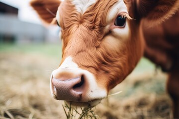 close-up of a cow munching on hay - obrazy, fototapety, plakaty
