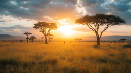  a photo of the Serengeti plains, with acacia trees - obrazy, fototapety, plakaty