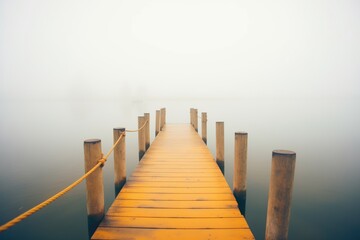 wooden dock jutting into foggy lake, no people