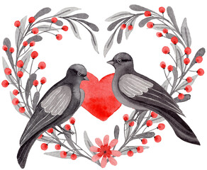 Two dove birds in love heart shaped design. Hand painted watercolor Valentine’s Day element. Red heart and berries, gray bird and branches illustration. Folk style love design for greeting card. 