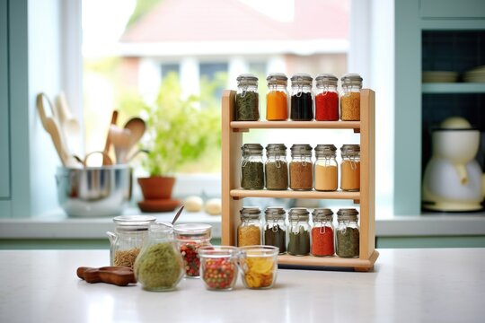 array of spices in glass jars on a kitchen rack