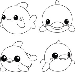 Set of cute Dolphins And Shark Cartoon Coloring Page