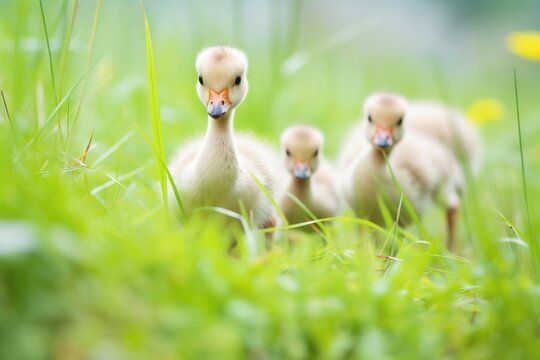goslings following mother goose through green grass
